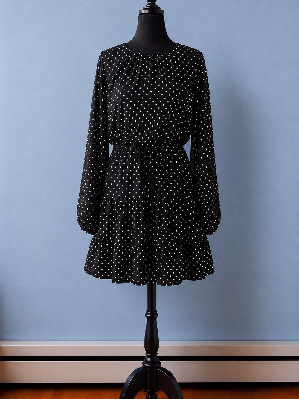Draper James Black and White Polka Dot Long-Sleeve Tiered Dress